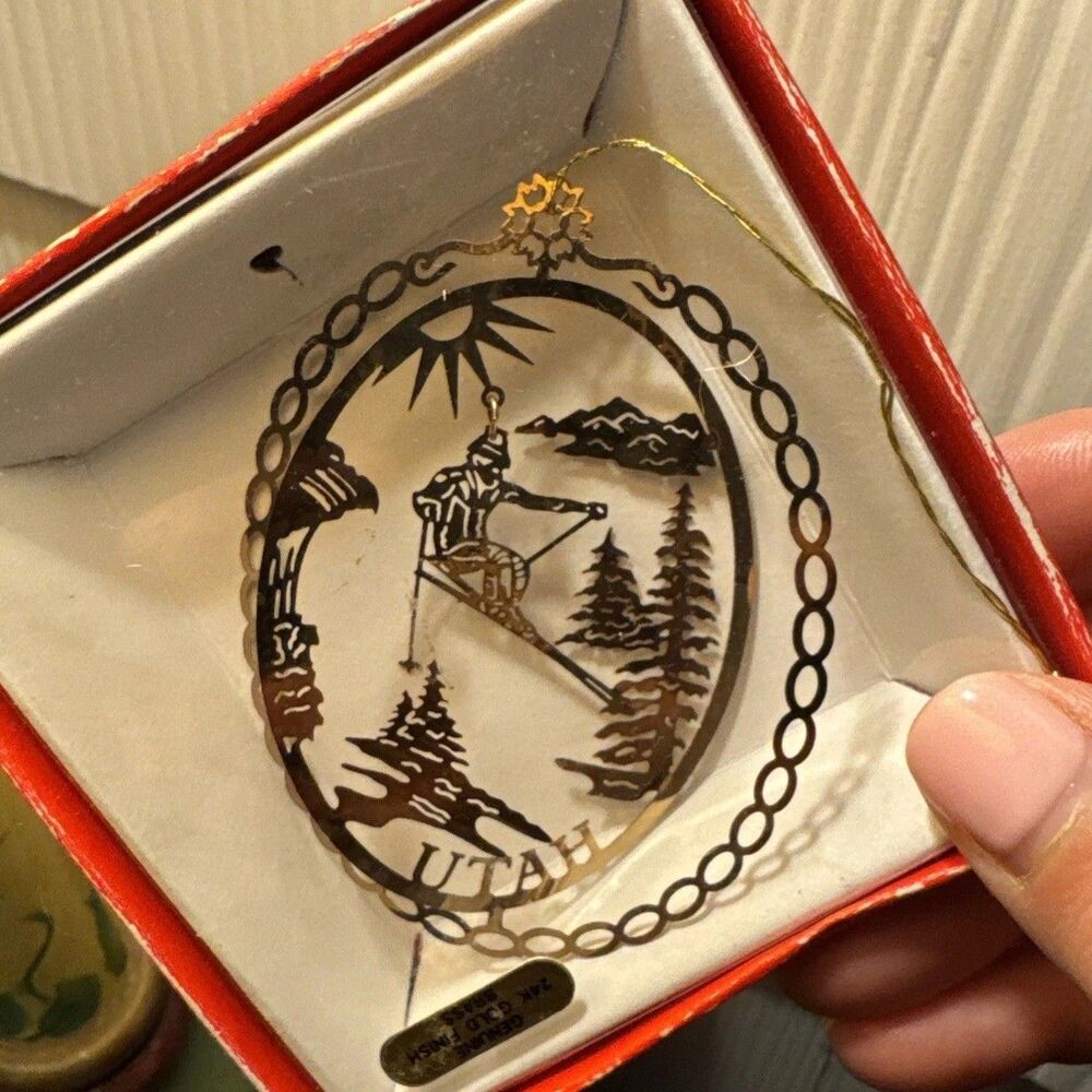 Utah Souvenir Ornament Nation's Treasures 24kt Gold Finish Brass Skiing Box